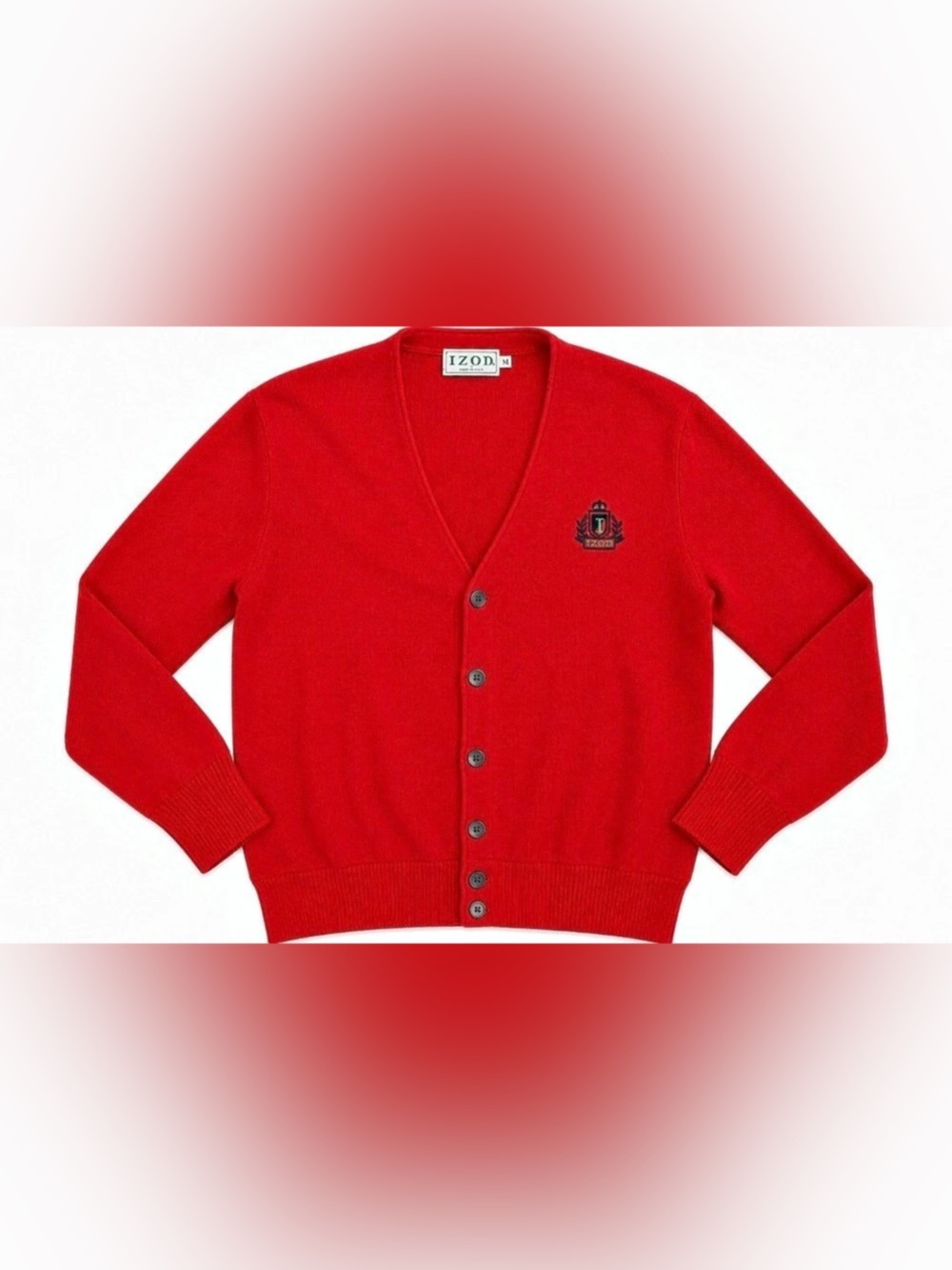 Vintage IZOD Mens M Red Cardigan Sweater Crest Logo Made USA 80s Preppy